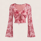 Y2K Floral Mesh Flare Sleeve Top | Wovetsa