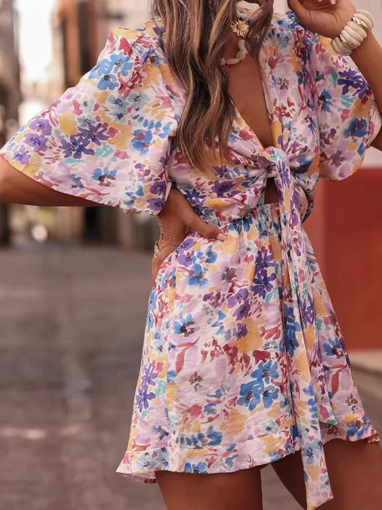 Printed Lace-Up V-Neck Romper | Wovetsa