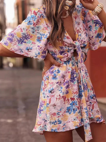 Printed Lace-Up V-Neck Romper | Wovetsa