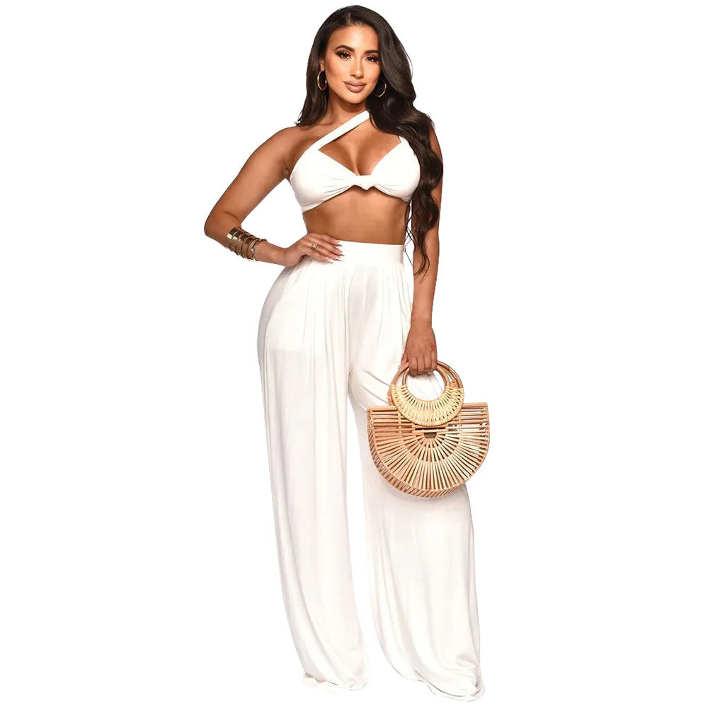 Women's One Shoulder Two Piece Set – Crop Top & Wide Leg Pants