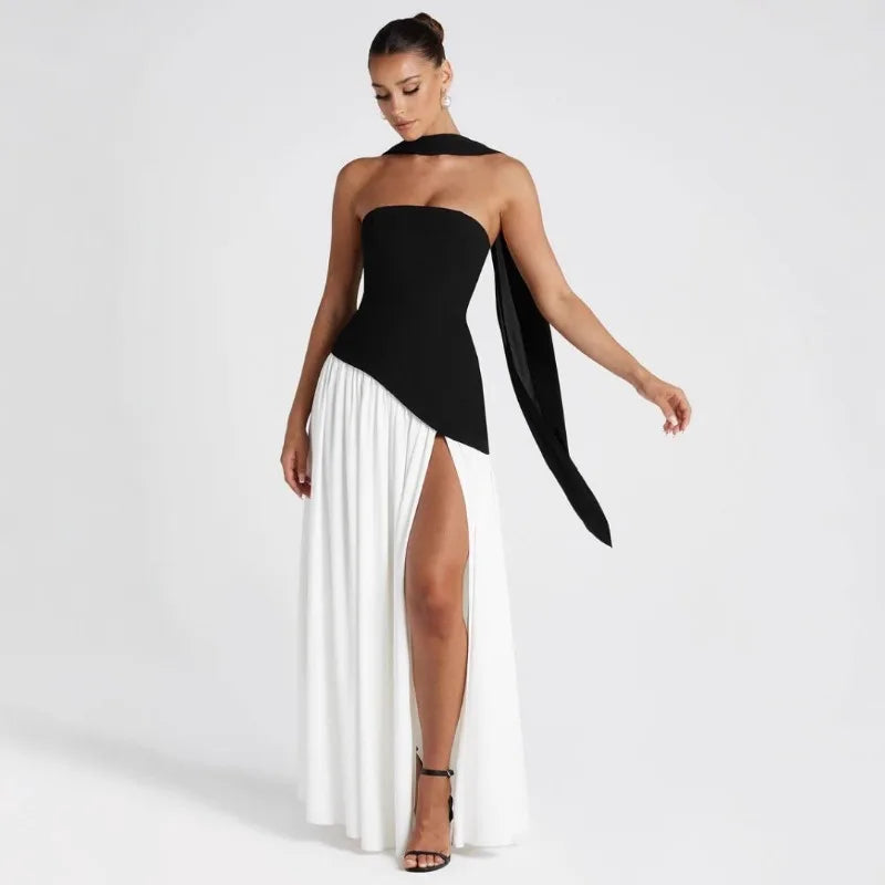 Backless Slit Evening Maxi Dress with Scarf | Wovetsa