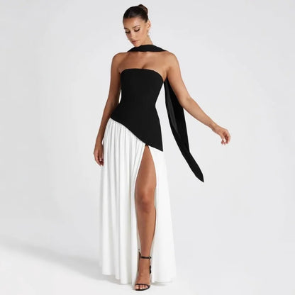 Backless Slit Evening Maxi Dress with Scarf | Wovetsa