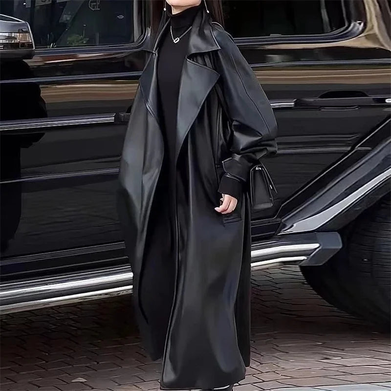 Design Blazers Leather Trench Coat For Women Spring Autumn Over The Knee Long PU Leather Jacket Female Black Leather Windbreaker