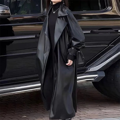 Design Blazers Leather Trench Coat For Women Spring Autumn Over The Knee Long PU Leather Jacket Female Black Leather Windbreaker