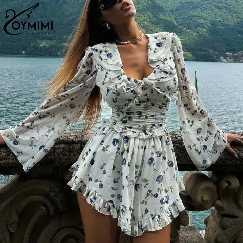 V-Neck Ruffled Print Mini Dress | Wovetsa