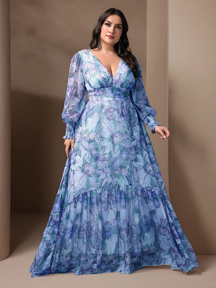 Plus Size Floral V-Neck Lantern Sleeve Maxi Dress | Wovetsa