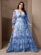 Plus Size Floral V-Neck Lantern Sleeve Maxi Dress | Wovetsa