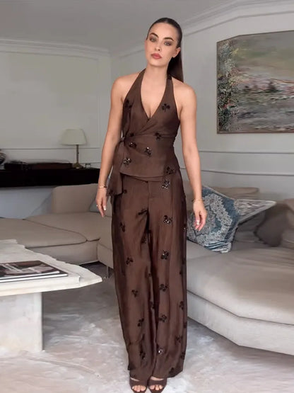 Sequin Halter Top & Wide-Leg Pants | Wovetsa