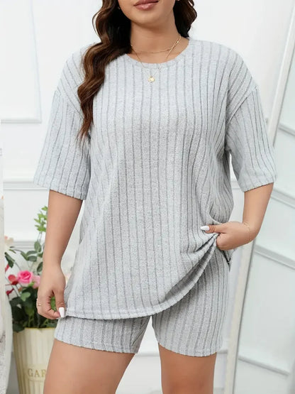Plus Size Ribbed Lounge Set Top & Shorts | Wovetsa