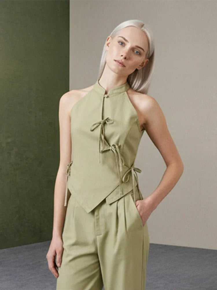 Green Bowknot Wide-Leg Pant Suit | Wovetsa