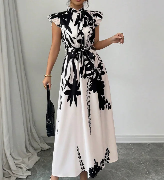 Women's Elegant Black White Midi Dress | Belted A-Line Sleeveless Summer Dress