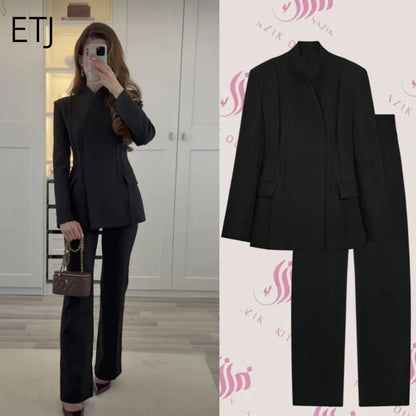 High Collar Slim Blazer & Wide Leg Trouser Set | Wovetsa