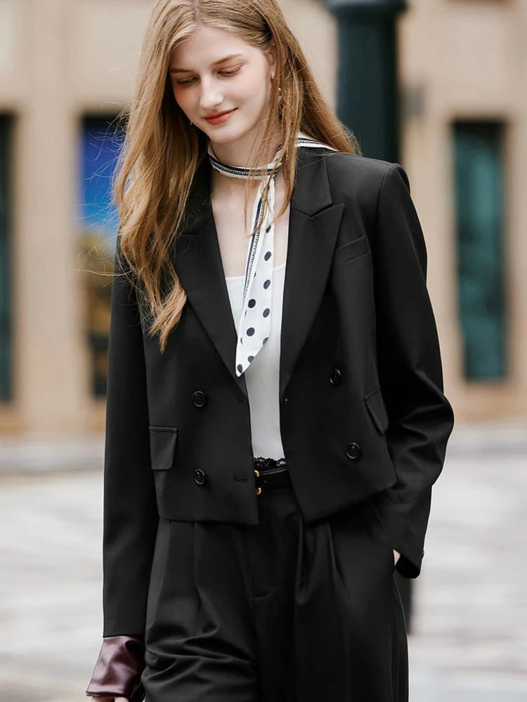 Women Crop Blazers Solid Simple Office Lady Spring Autumn Long Sleeve Suit Jacket Double Breasted Fashion Elegant Female Coat