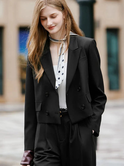 Women Crop Blazers Solid Simple Office Lady Spring Autumn Long Sleeve Suit Jacket Double Breasted Fashion Elegant Female Coat