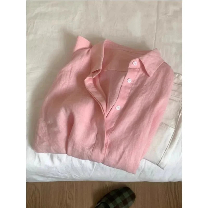 Women's Linen Blend Button-Up Shirt – Casual Loose Long Sleeve Summer Blouse