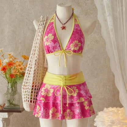 Floral Color Block Triangle Halter 3-Piece Bikini Set | Wovetsa