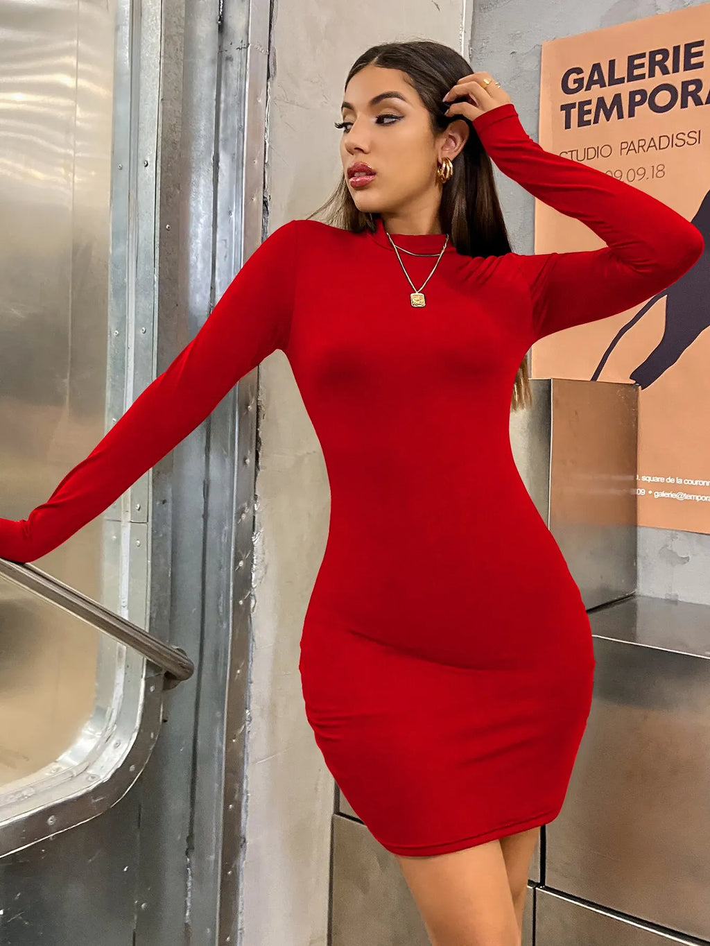 Turtleneck Long Sleeve Bodycon Mini Dress | Wovetsa