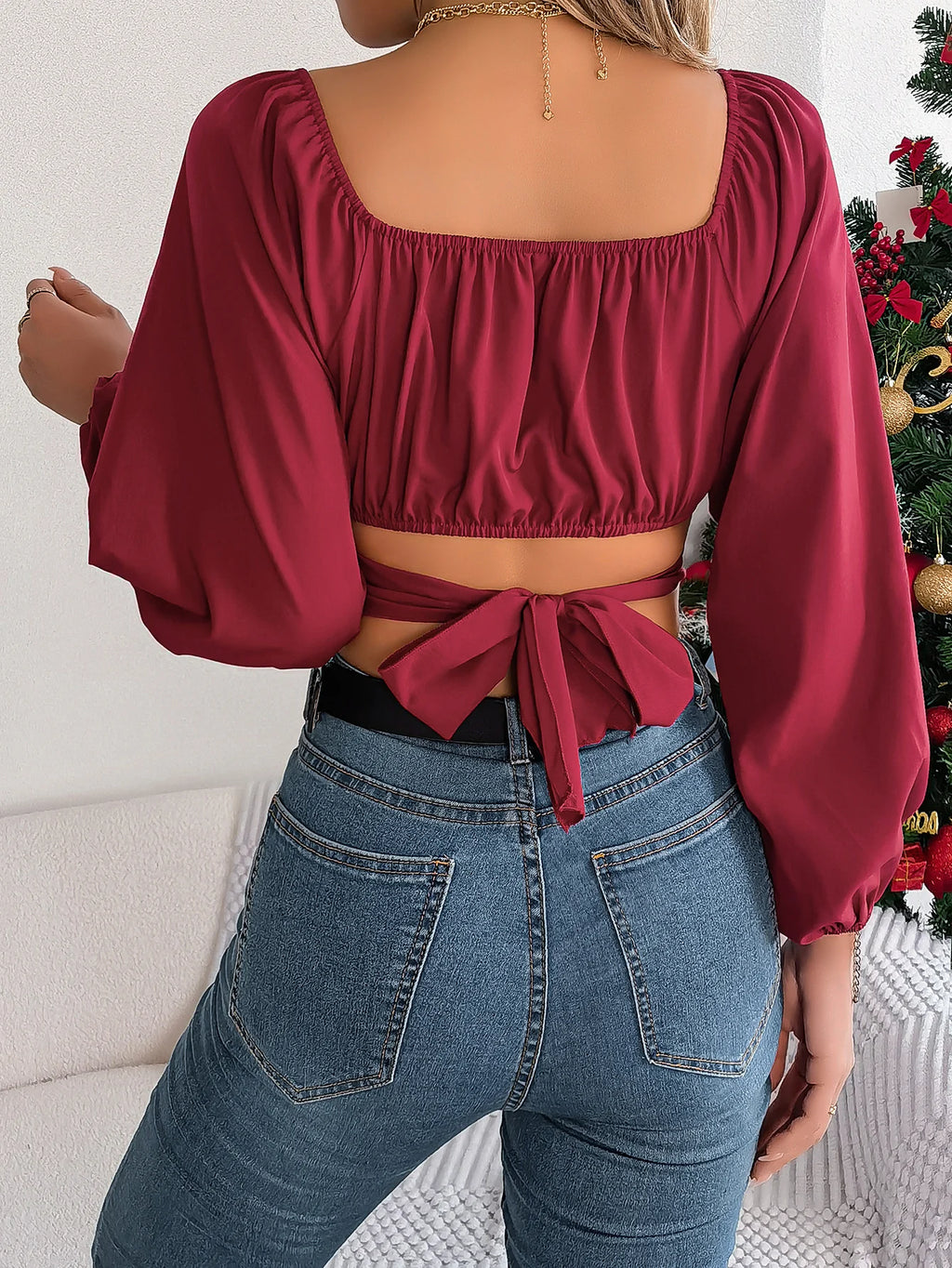 Women's Square Neck Crop Shirt with Bow Tie Back | Wovetsa