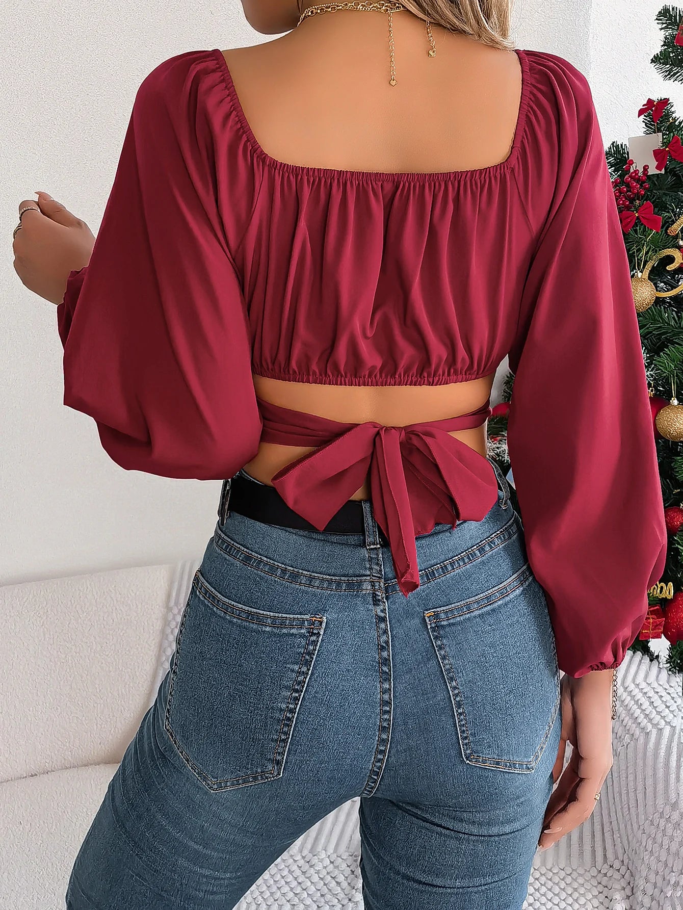 Women's Square Neck Crop Shirt with Bow Tie Back | Wovetsa