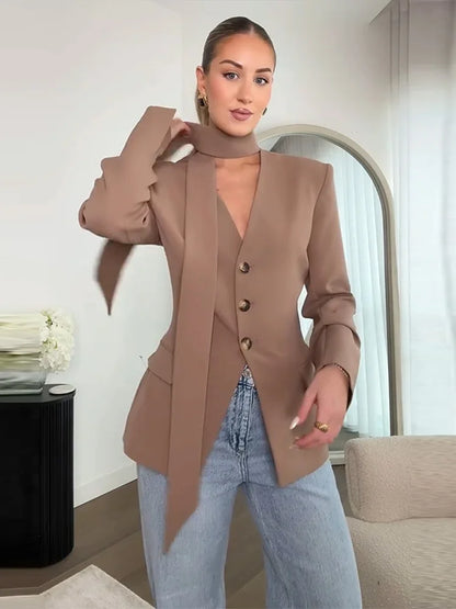 Solid Slim Women Blazer Coat Sexy V-neck With Scarf Long Sleeve Single-breasted Female Coats 2026 Spring Autumn Lady Jacket