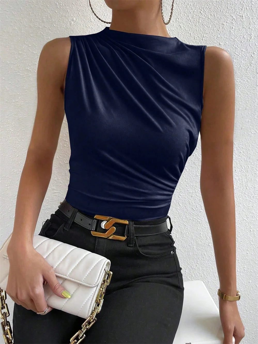 Mock Neck Ruched Sleeveless Tank Top | Wovetsa