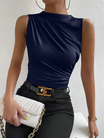 Mock Neck Ruched Sleeveless Tank Top | Wovetsa