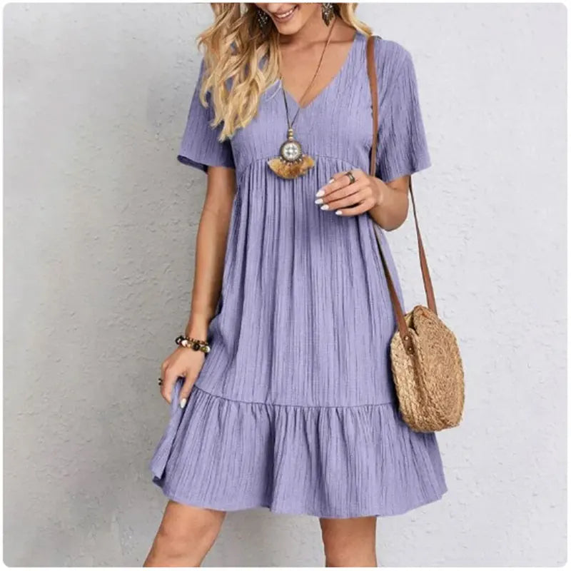 Women's V-Neck Short Sleeve Peplum Ruffle Dress | Wovetsa