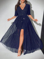 Plus Size Deep V-Neck Petal Sleeve A-Line Evening Dress | Wovetsa