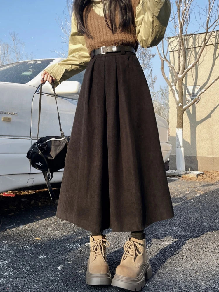 High Waist Corduroy Pleated Midi Skirt with Belt | Wovetsa