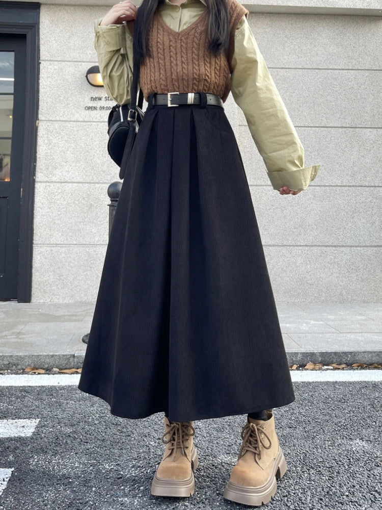 High Waist Corduroy Pleated Midi Skirt with Belt | Wovetsa