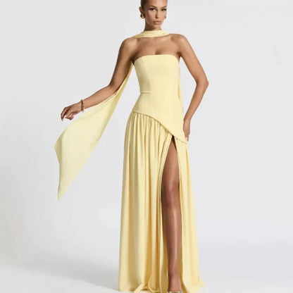 Backless Slit Evening Maxi Dress with Scarf | Wovetsa