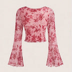 Y2K Floral Mesh Flare Sleeve Top | Wovetsa