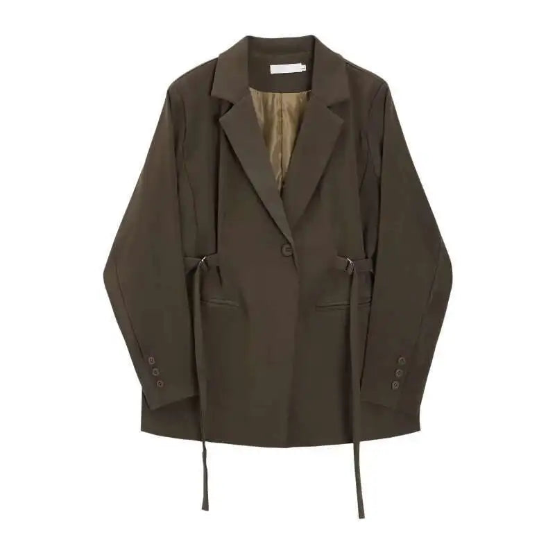 LANMREM Belt Spliced Design Blazer Women Vintage Notched Collar Single Button Coat Fashion 2025 Spring New Clothing 2AA4613