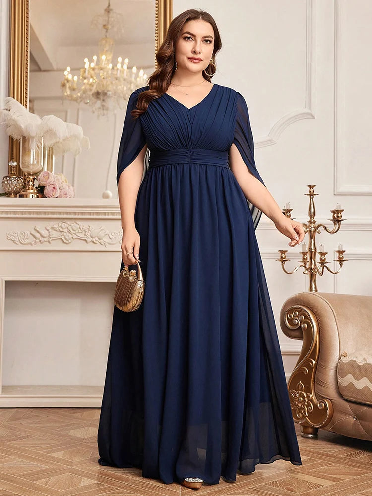 Plus Size V-Neck Flare Sleeve Formal Maxi Dress | Wovetsa