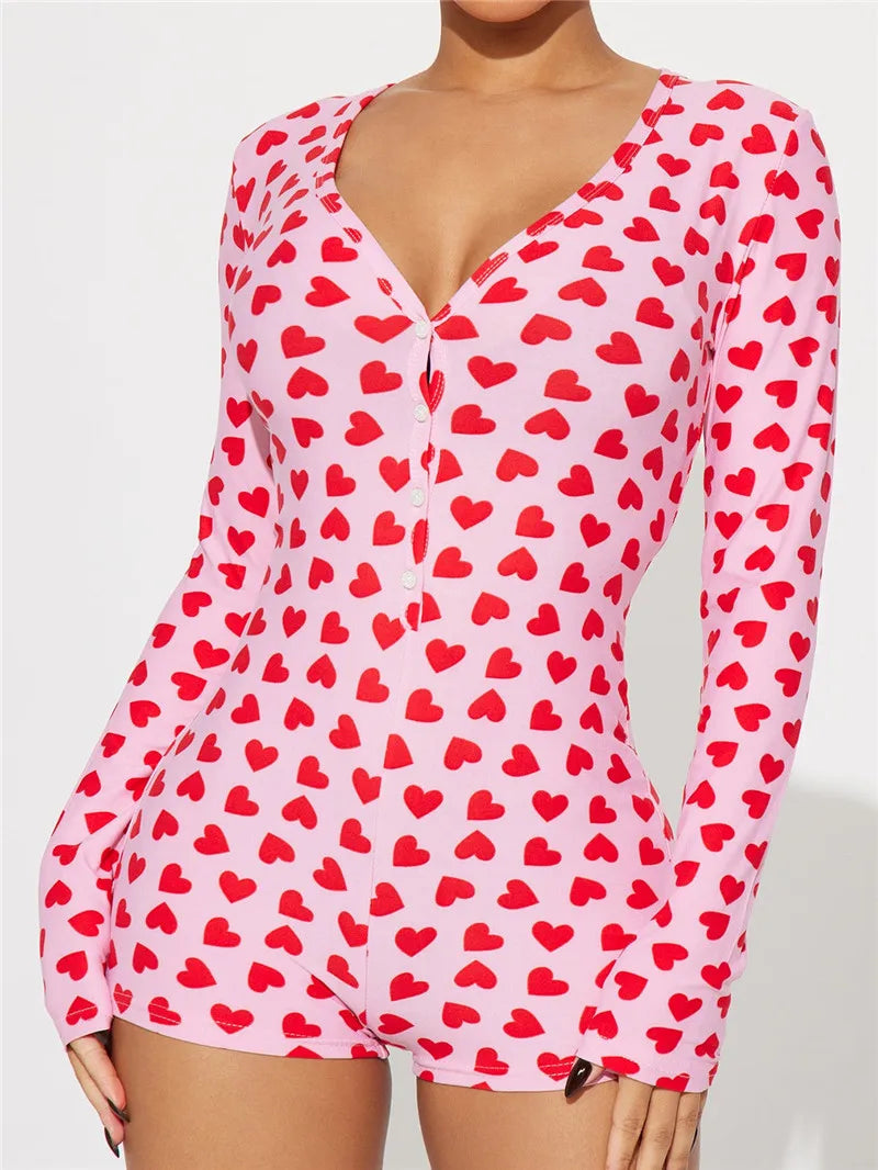 Heart Print Button-Front Short Romper | Wovetsa