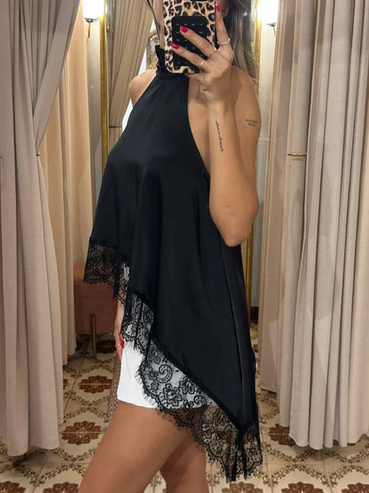 New Plus Size Elegant Black Satin Halter Neck Sleeveless Vest Korean Popular Asymmetrical Hem Lace Plus Size Top Women's Clothes