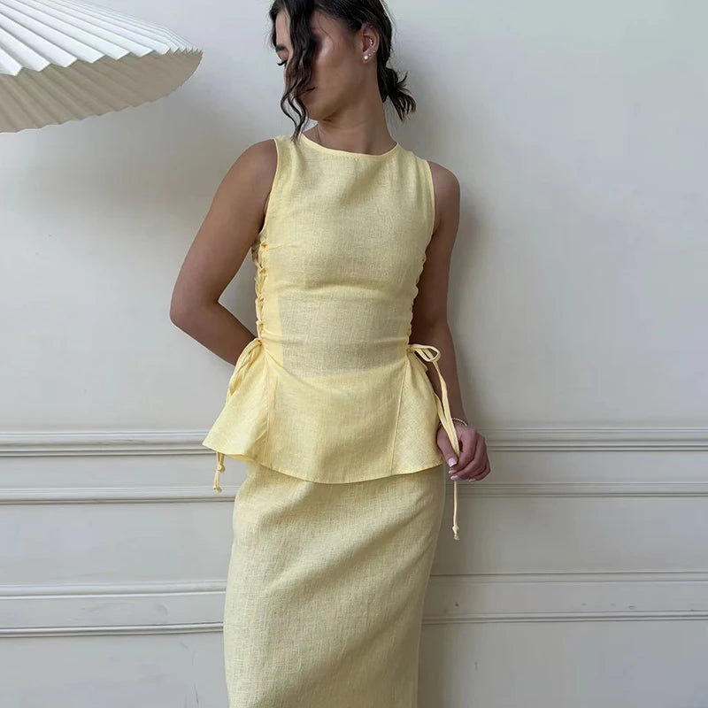 Linen Tank Top & Maxi Skirt Two Piece Set | Wovetsa