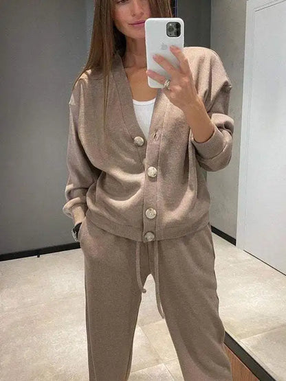 V-Neck Single-Breasted Cardigan & Pants Set | Wovetsa