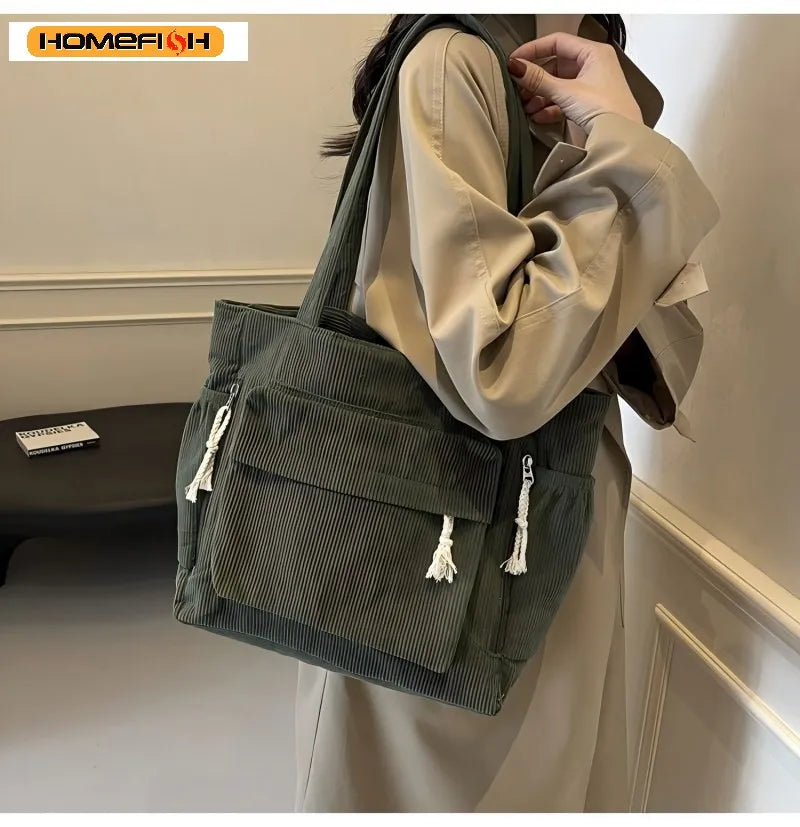 Corduroy Multi-Pocket Shoulder Tote Bag | Wovetsa