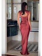 Ruched Waist Satin Fishtail Evening Gown | Wovetsa