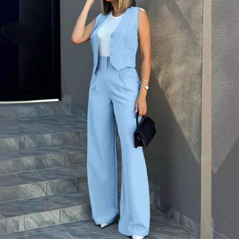 Sleeveless Vest & Wide Leg Pants Set | Wovetsa