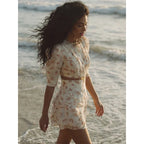 Floral Print Puff Sleeve Crop Top Layered Cake Skirt Two Piece Set French Style Waist Cinching Slimming for Women