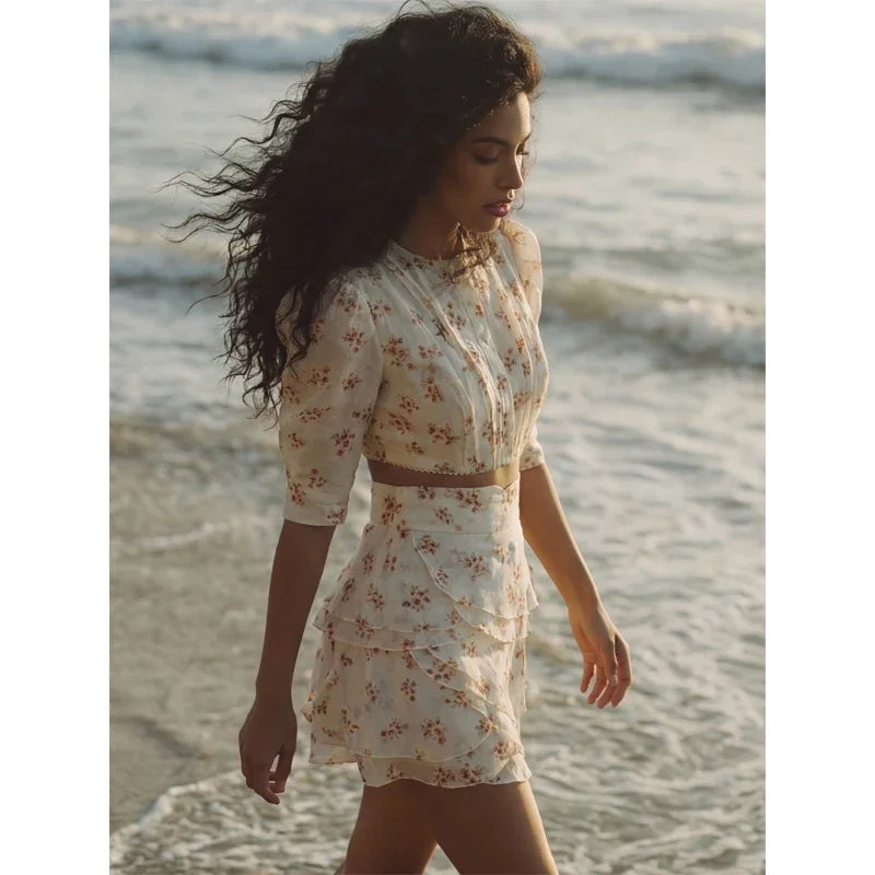 Floral Print Puff Sleeve Crop Top Layered Cake Skirt Two Piece Set French Style Waist Cinching Slimming for Women