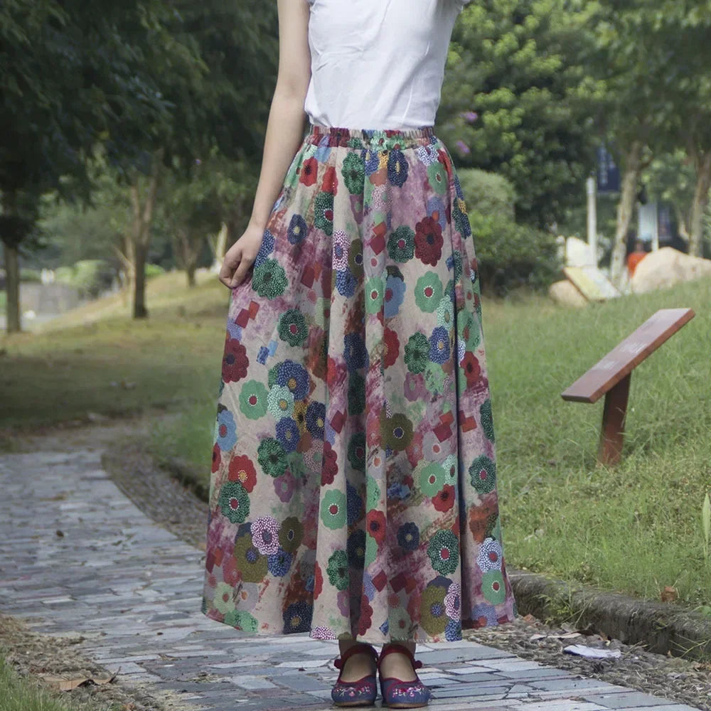 Bohemian Floral Print Cotton Linen Maxi Skirt | Wovetsa