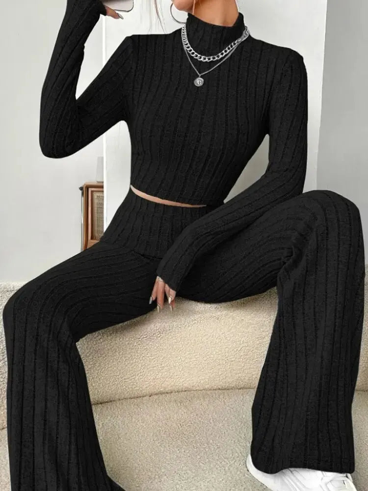 Stand Collar Crop Top & Trumpet Pants Set | Wovetsa