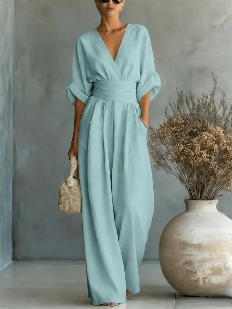 Ruched V-Neck Wide-Leg Jumpsuit | Wovetsa