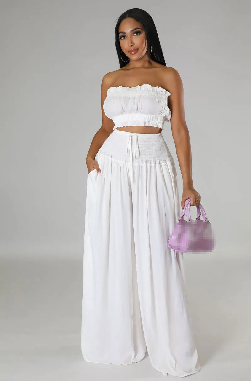 Women's Two Piece Pants Set Summer Casual Matching Outfit Sleeveless Top High Waist Wide Leg Pants