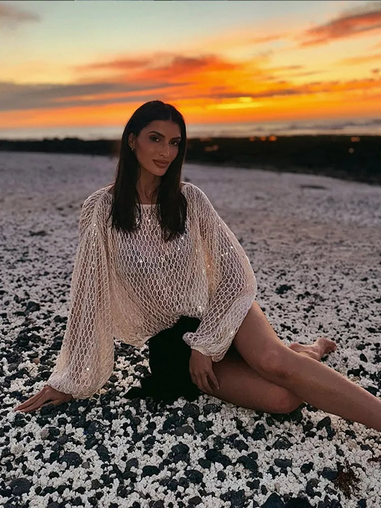Sequin Hollow-Out Knit Pullover Top | Wovetsa