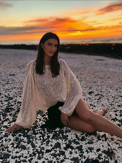 Sequin Hollow-Out Knit Pullover Top | Wovetsa