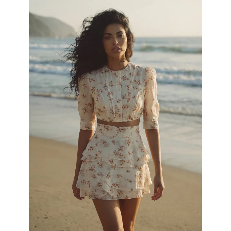 Floral Print Puff Sleeve Crop Top Layered Cake Skirt Two Piece Set French Style Waist Cinching Slimming for Women